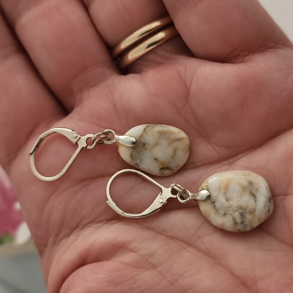 VINTAGE Sterling Silver Raw Stone Earrings Copper Dainty Artisan Marble Boho - Picture 12 of 12